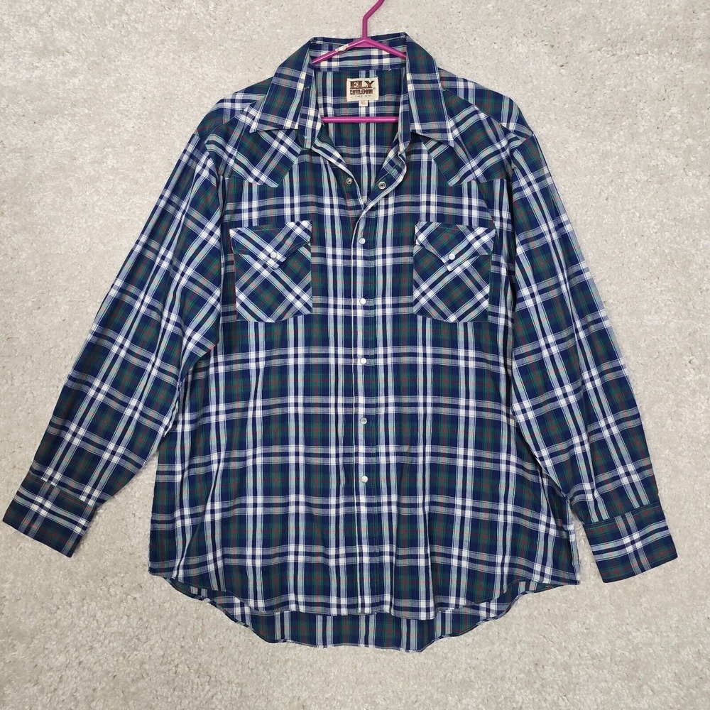 Ely Cattleman Western Pearl Snap Shirt Mens XL‎ Blue Green Plaid Cowboy American